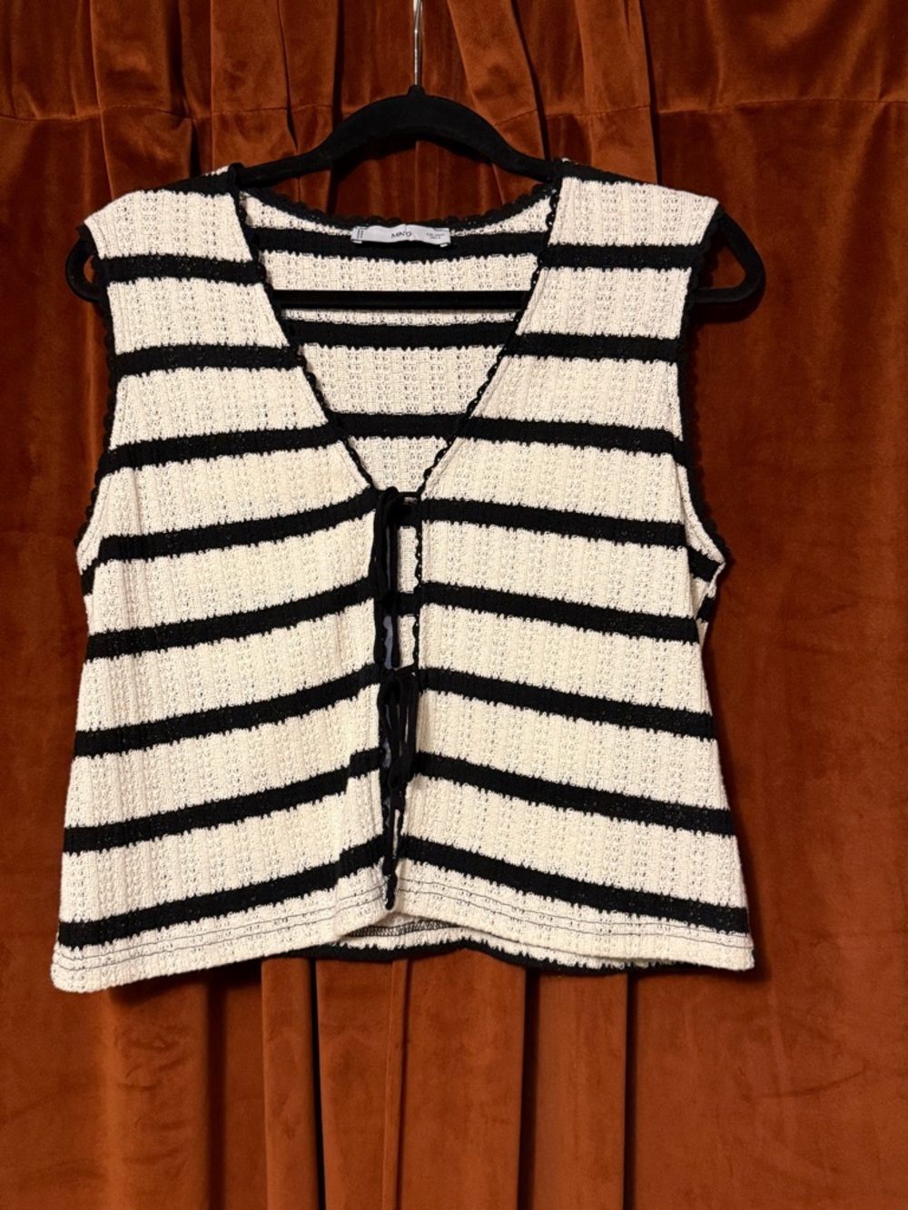 Mango Black & White Striped Knit Tie-Front Tank
